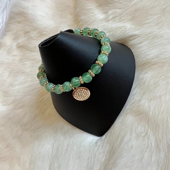 BOho Stretch Bracelet Green Swirl Semi Translucent Lucite Rhinestone Charm 13428 - Picture 3 of 9